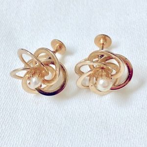Gold Tone Spiral Sphere Earrings with Center Faux Pearl